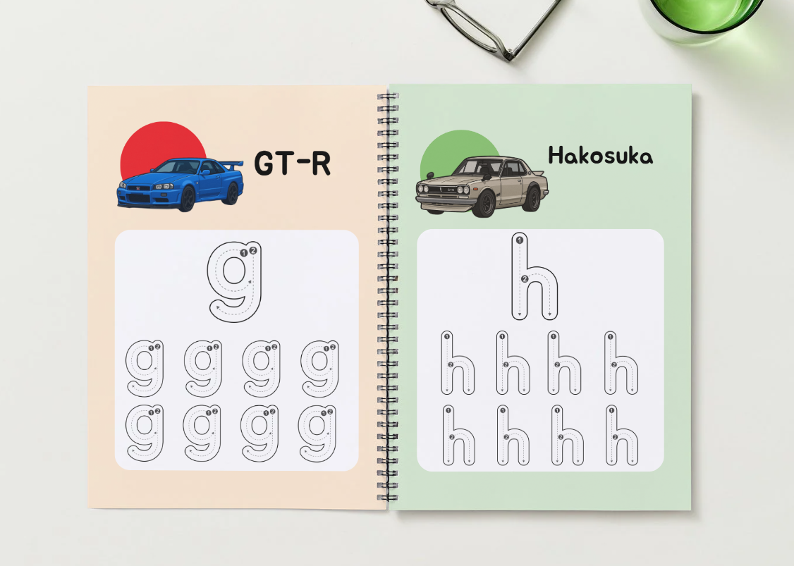 After Dark Garage JDM Alphabet Tracing Book – Lowered Case Series (Printed + Digital)